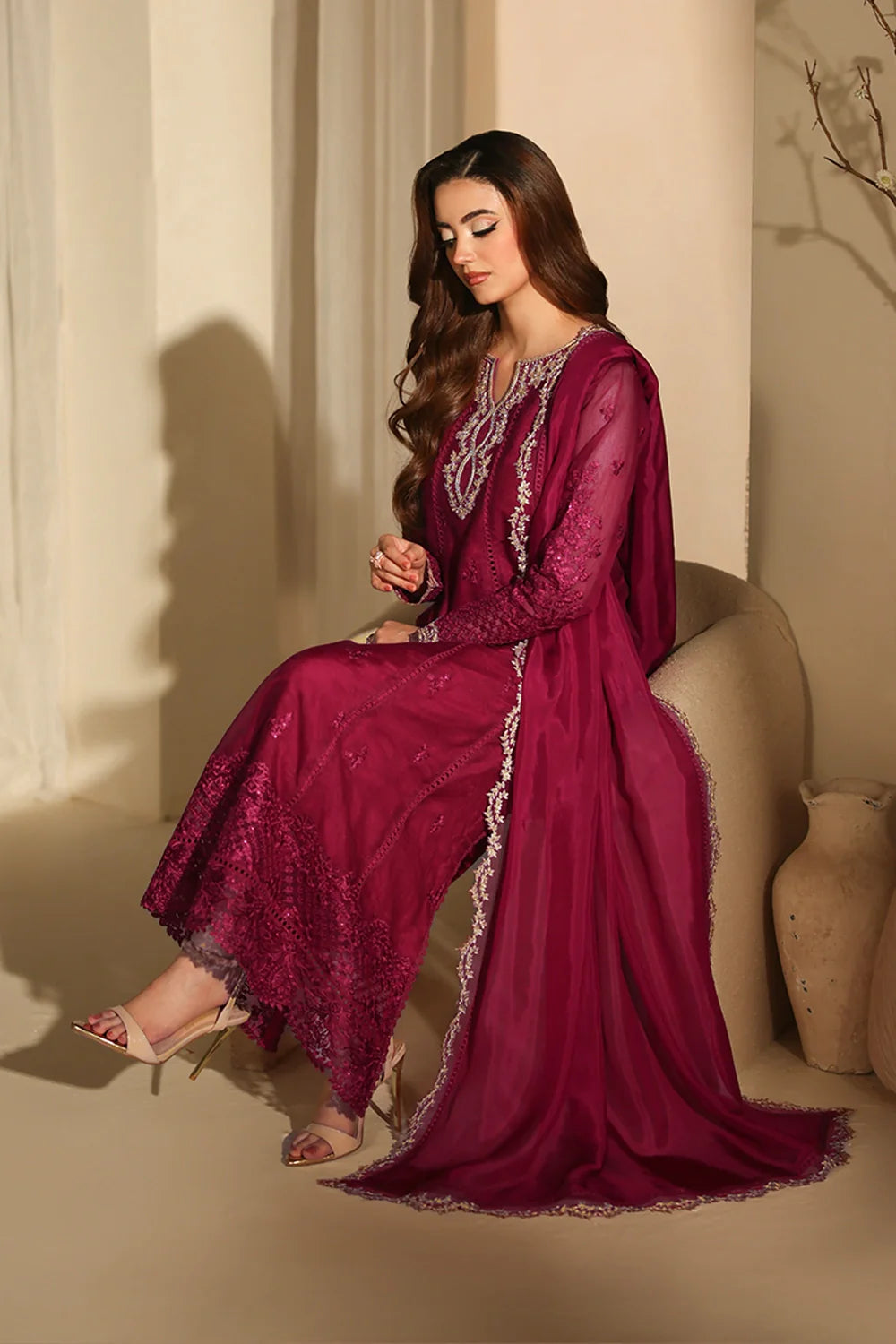 Elegant Berry Sequin Embroidered Khaddi Net Pakistani Party Dress