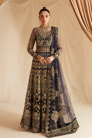 Berry Blue Embroidered Pakistani Wedding Dress in Kalidar Pishwas Style