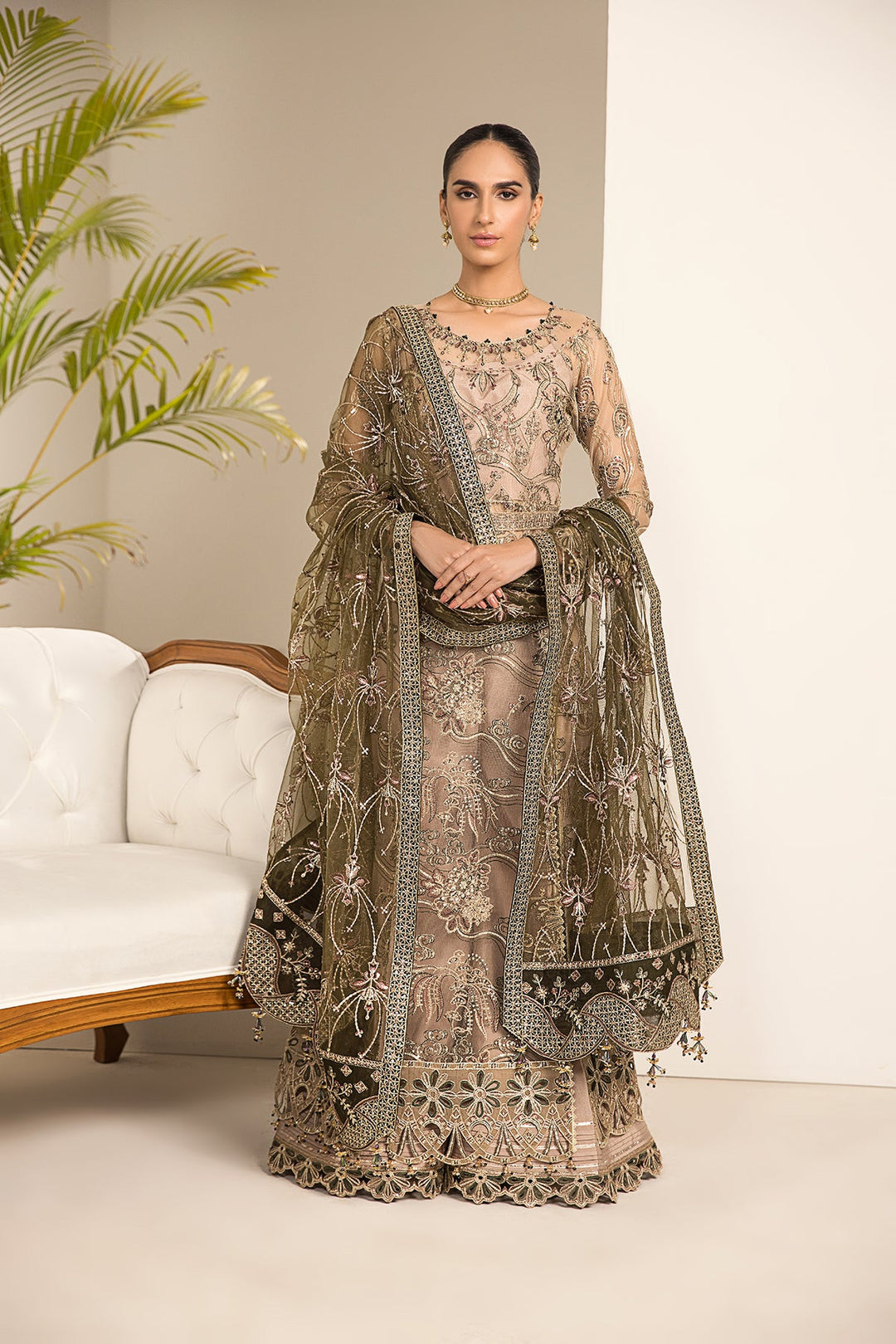 Blackish Embroidered Dusty Skin Pakistani Salwar Kameez with Dupatta