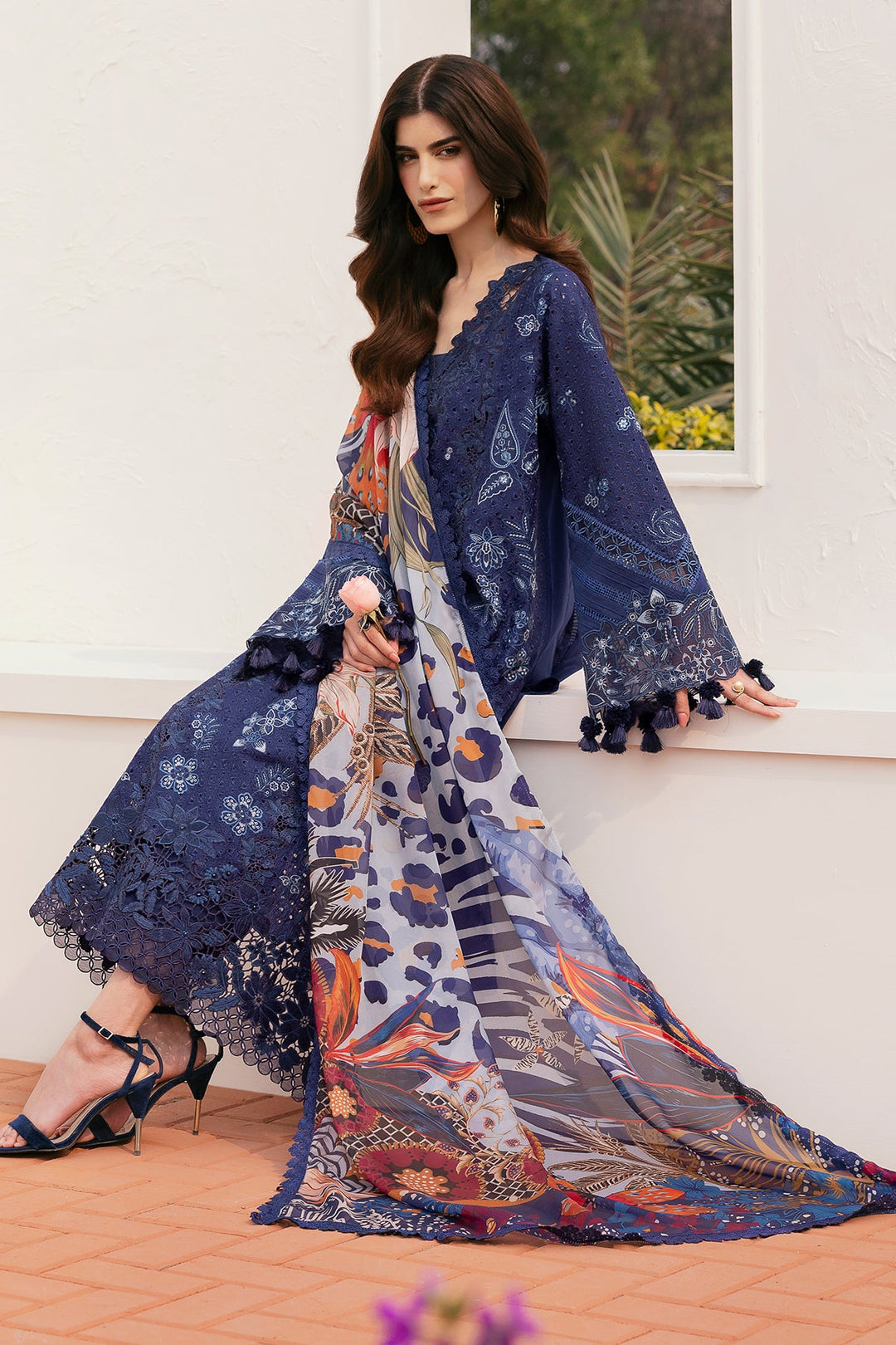 Blue Embroidered Pakistani Kameez with Printed Chiffon Dupatta
