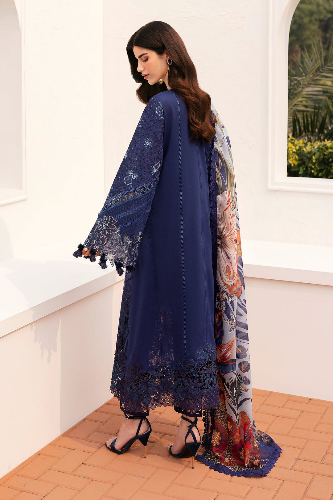 Blue Embroidered Pakistani Salwar Kameez Printed Chiffon Dupatta