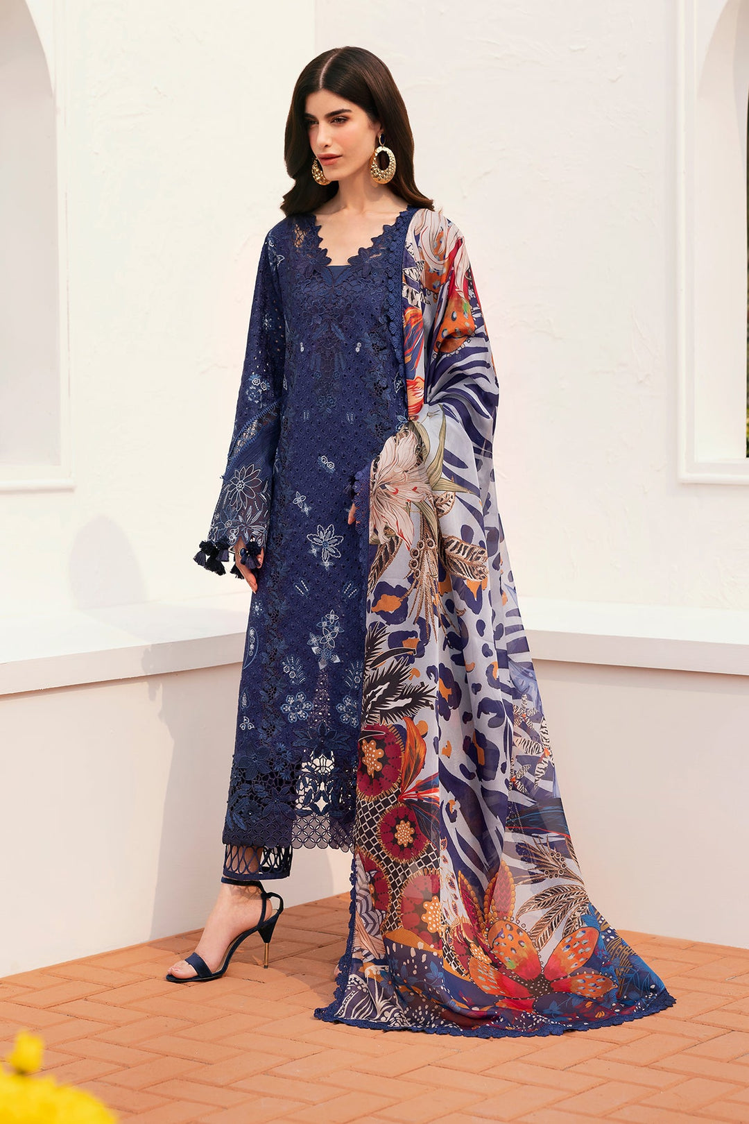 Blue Embroidered Pakistani Salwar Kameez with Printed Chiffon Dupatta