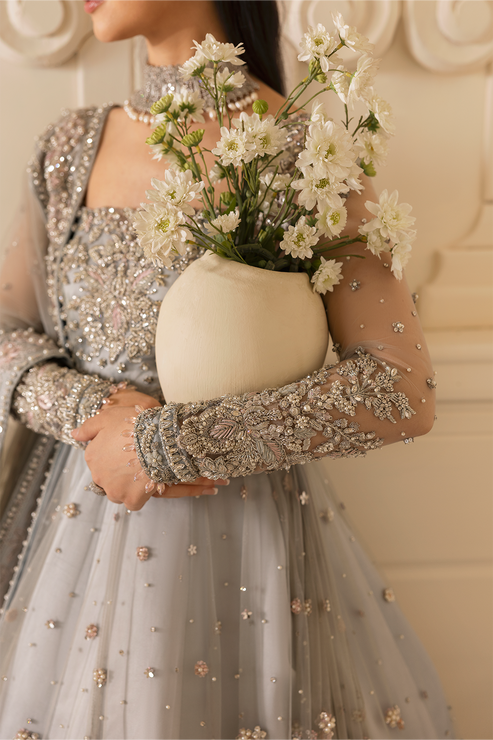 Blue Pakistani Bridal Dress in Gown Lehnga Style