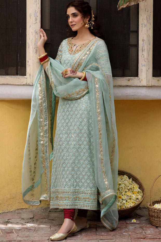 Blue Pakistani Party Dress In Long Kameez Churidar Style MEDIUM Blue Pakistani Party Dress In Long Kameez Churidar Style MEDIUM
