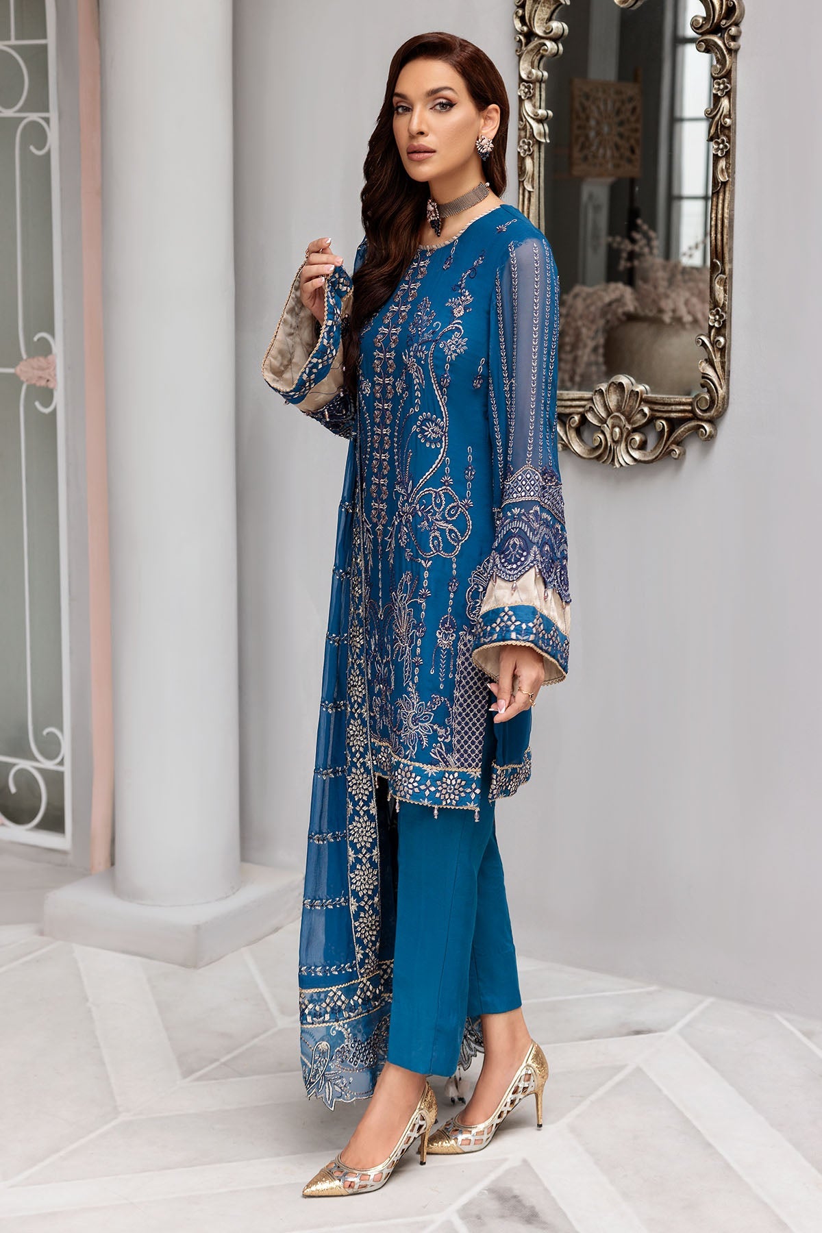 Blue Pakistani Salwar Kameez in Premium Chiffon Fabric – Nameera by Farooq