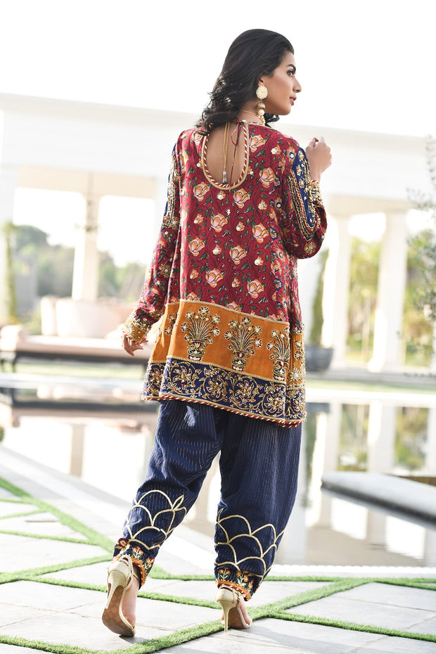 Blue Red Silk Salwar Kameez Pakistani Wedding Dress
