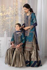 Blue Shade Luxury Pakistani Party Dress in Copper Shade Royal Gharara Style
