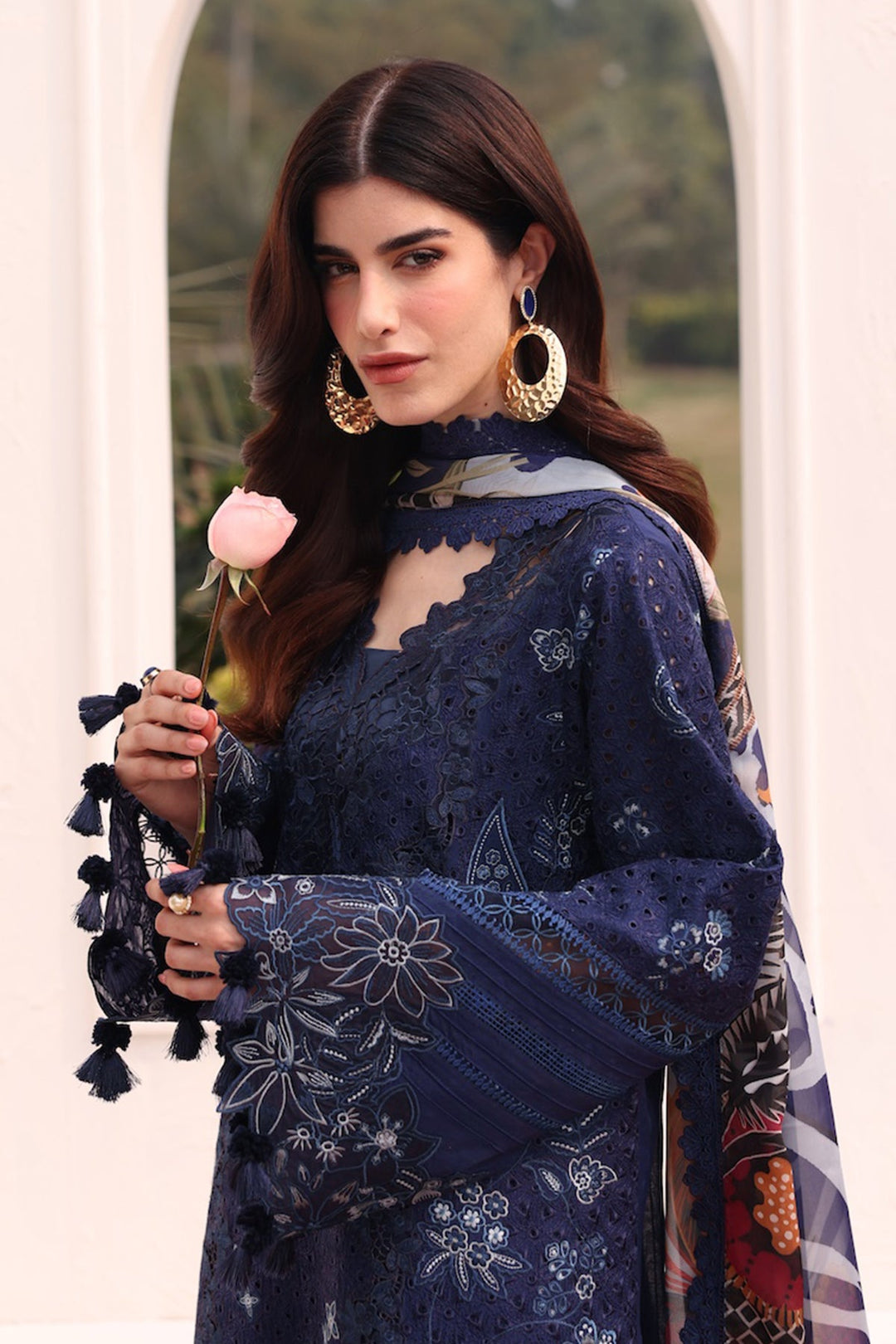 Blue Embroidered Pakistani Salwar Kameez with Printed Dupatta