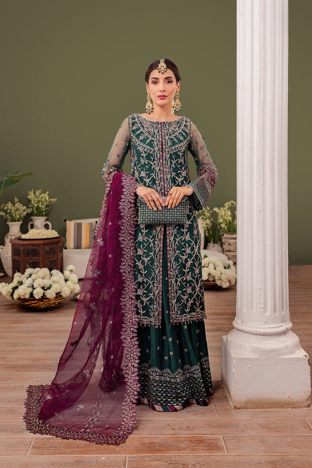Bottle Green Embroidered Gown Style Pakistani Wedding Dress Sharara