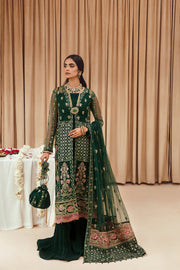 Bottle Green Embroidered Open Gown Style Pakistani Wedding Dress