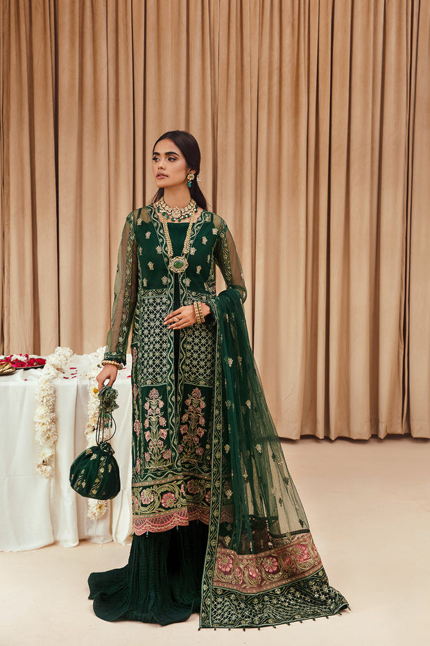 Bottle Green Embroidered Open Gown Style Pakistani Wedding Dress