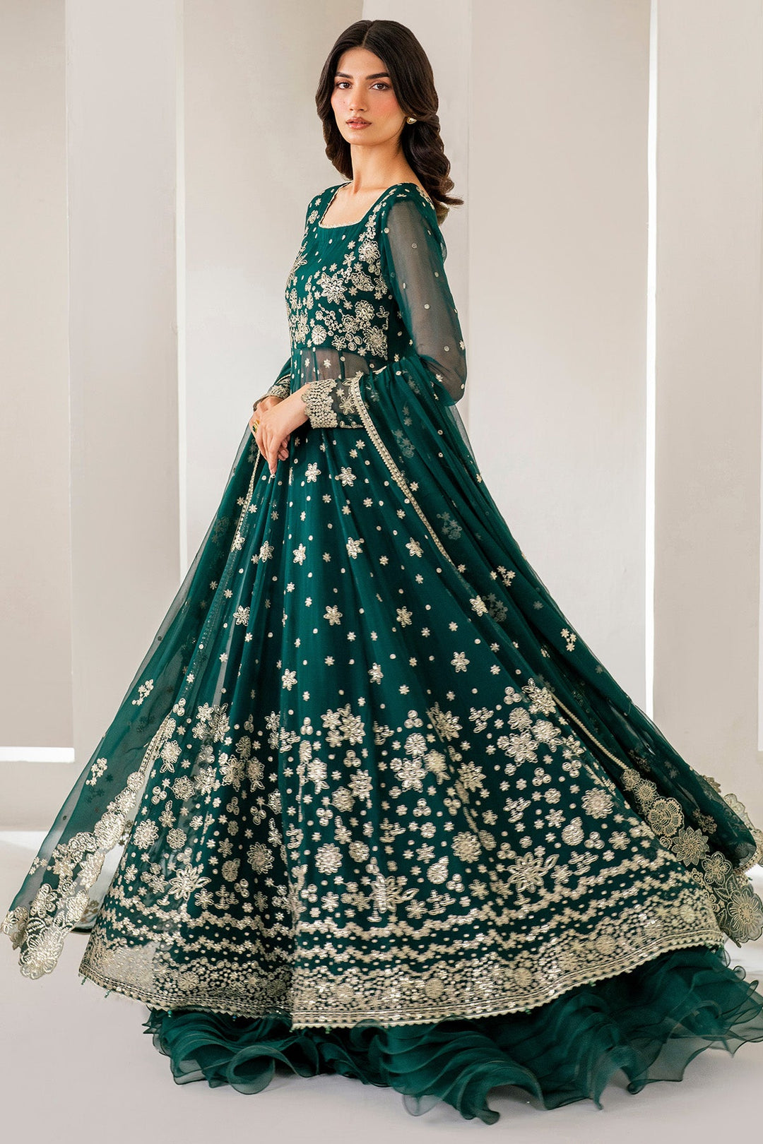 bottle green maxi dress pakistani Wedding Layered Pishwas Style – Nameera by Farooq bottle green pakistani formal wear