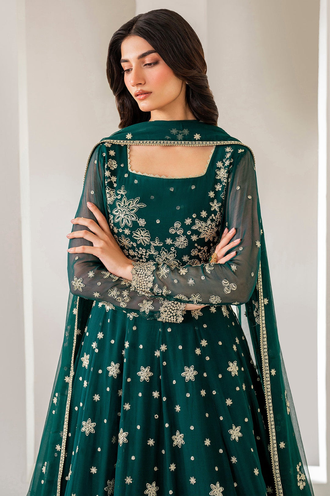 Bottle Green Luxury Pakistani Wedding Dress Layered Pishwas Style