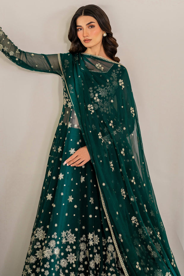 Bottle Green Luxury Pakistani Wedding Dress in Pishwas Style