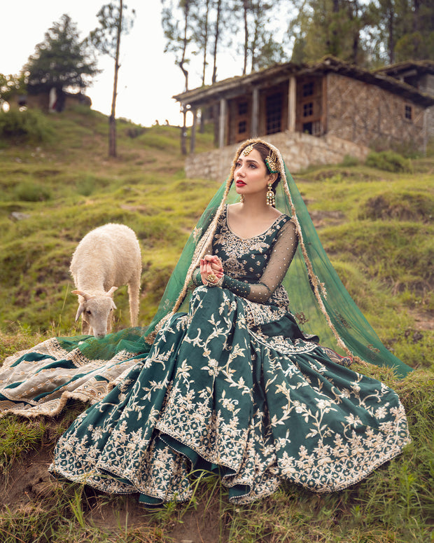 Bottle Green Shade Tilla Embellished Pakistani Bridal Dress Gharara Kameez