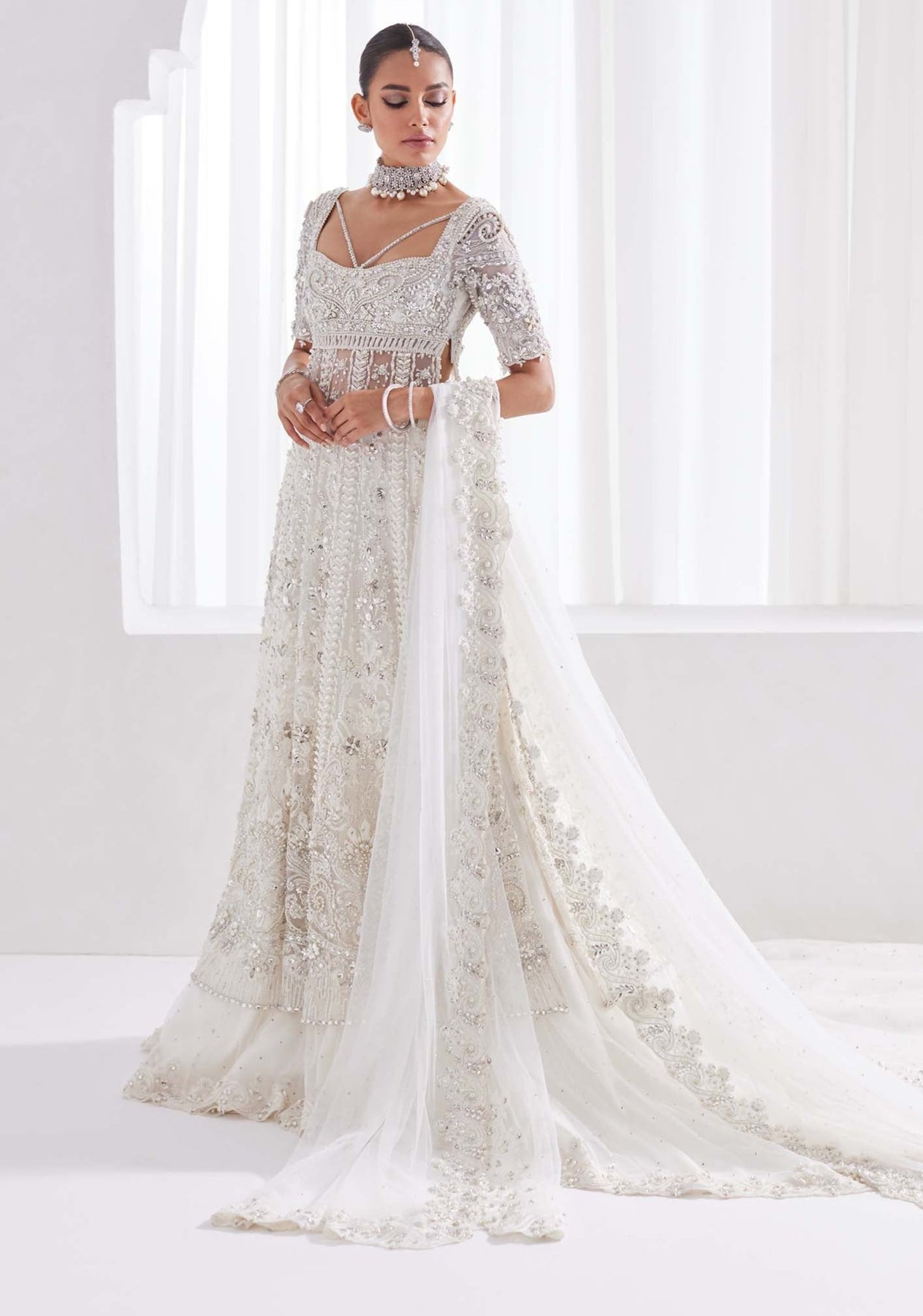 Bridal Lehenga Kameez White Pakistani Wedding Dress – Nameera by Farooq