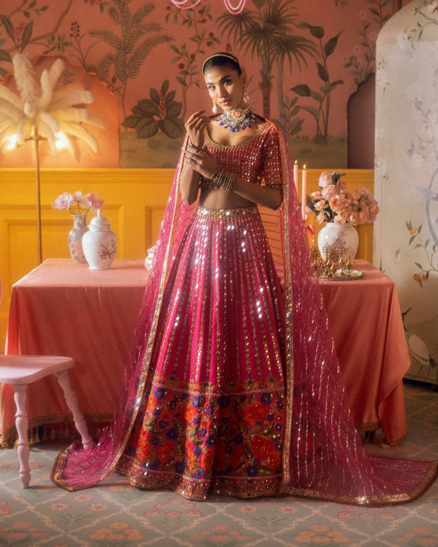 Bridal Wedding Dress in Pink Choli and Lehenga Style
