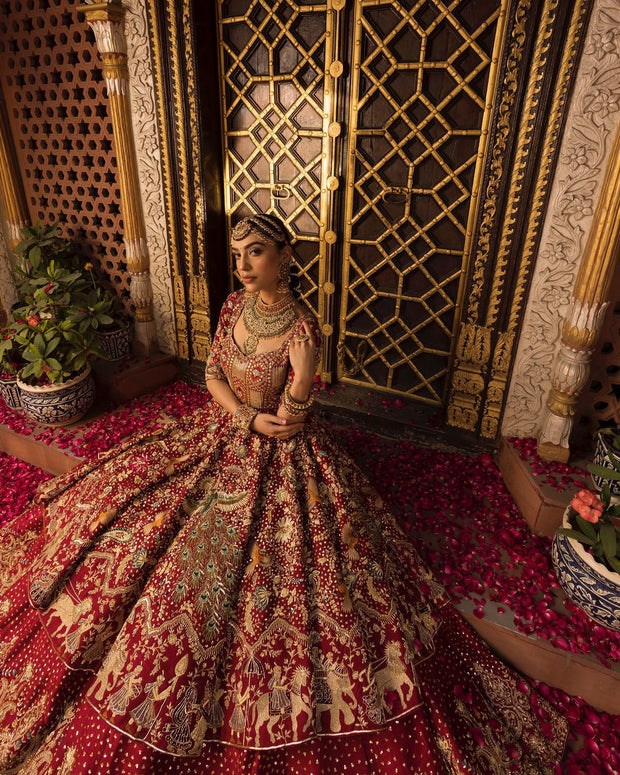 Bridal Wedding Dress in Red Lehenga Frock Style