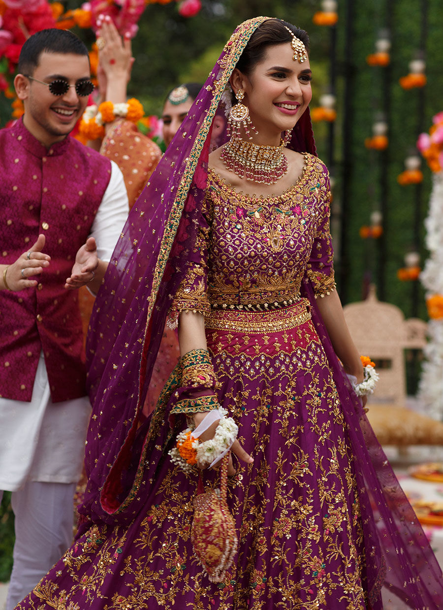 red and purple pakistani wedding dress Purple Lehenga and Open Pishwas Pakistani Bridal Dress is a traditional  masterpiece to wear on the big day. Hand-crafted details of gota, threads  and floral designs make this stunning Mehndi Dress an