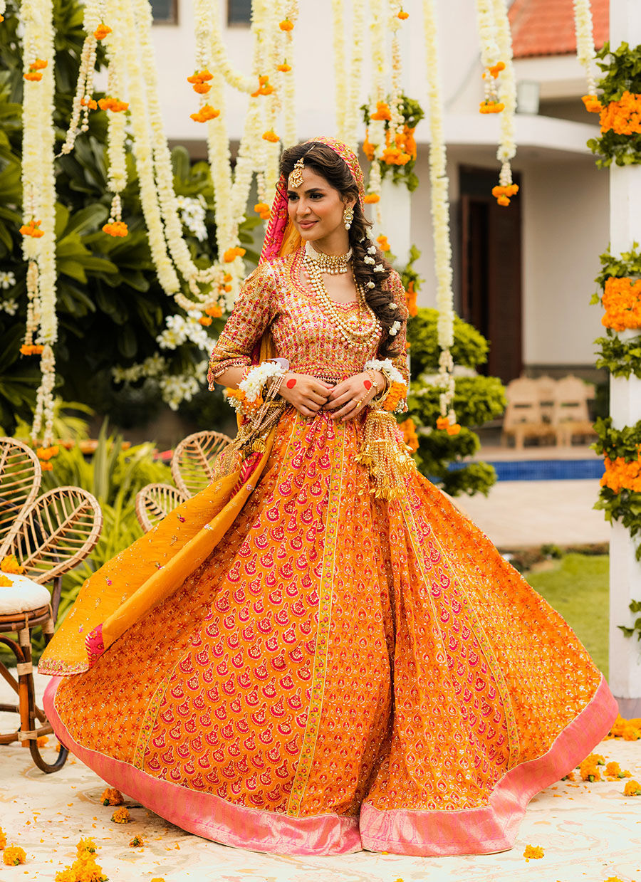 Bridal Embellished  Saffron Lehenga Choli