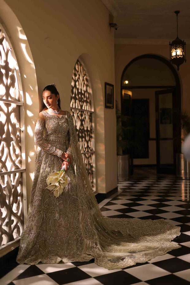Bridal Lehenga Choli and Dupatta in Sage Green Color