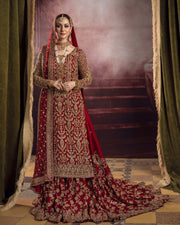 Bright Red Embroidered Pakistani Bridal Lehenga in Farshi Gharara Style
