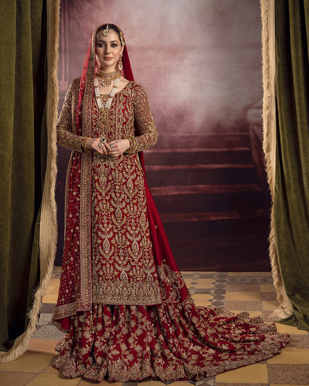 Bright Red Embroidered Pakistani Bridal Lehenga in Farshi Gharara Style