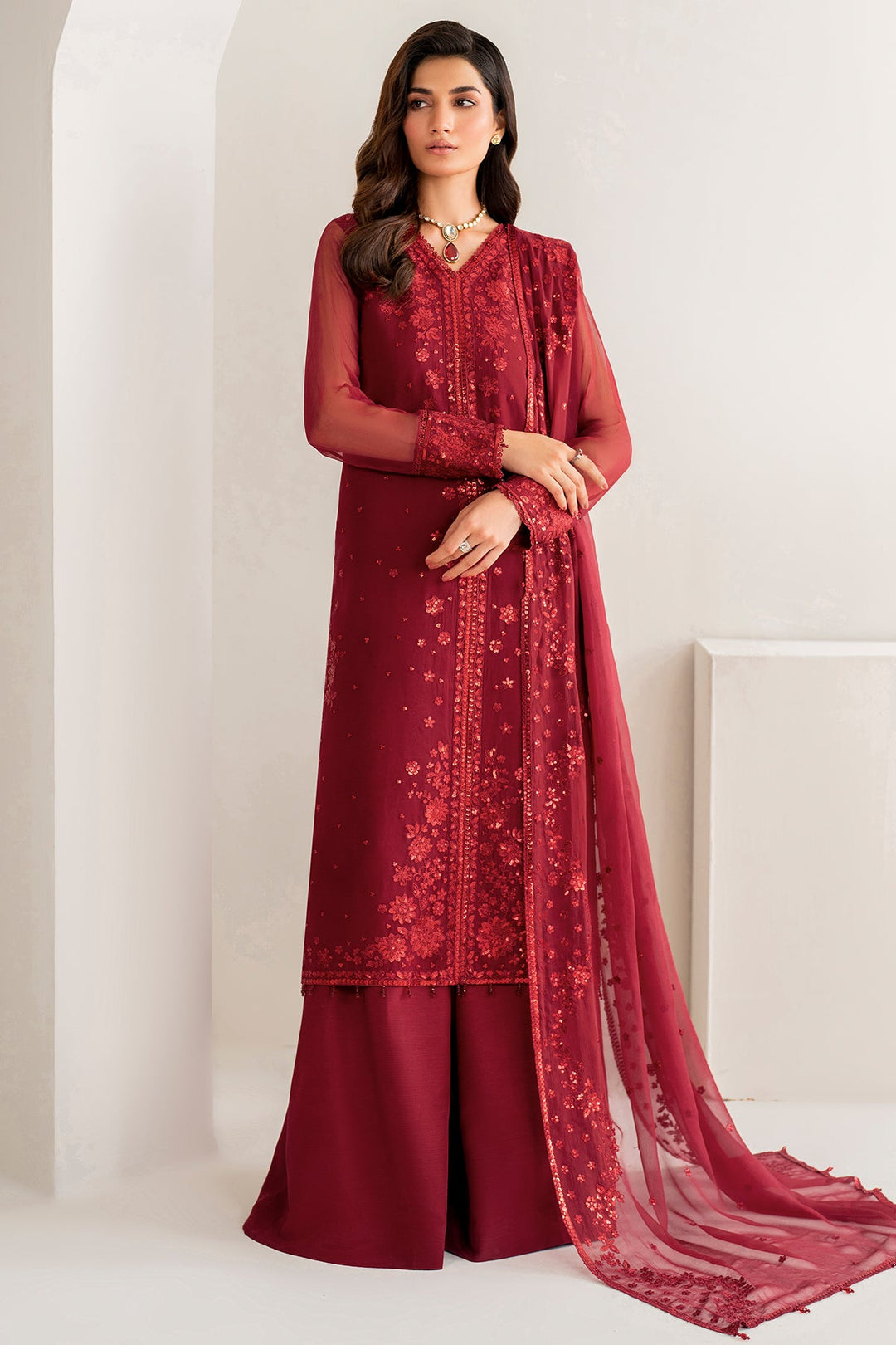 Bright Red Embroidered Pakistani Salwar Kameez Party Salwar Suit