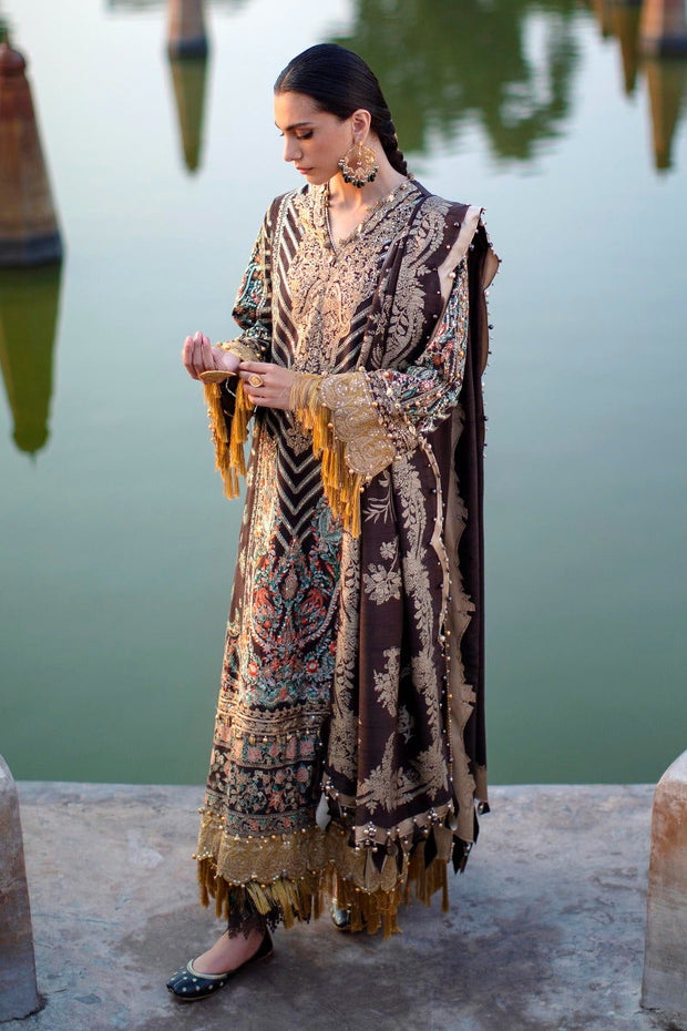 Brown Heavily Embellished Pakistani Long Kameez Salwar Suit Dupatta