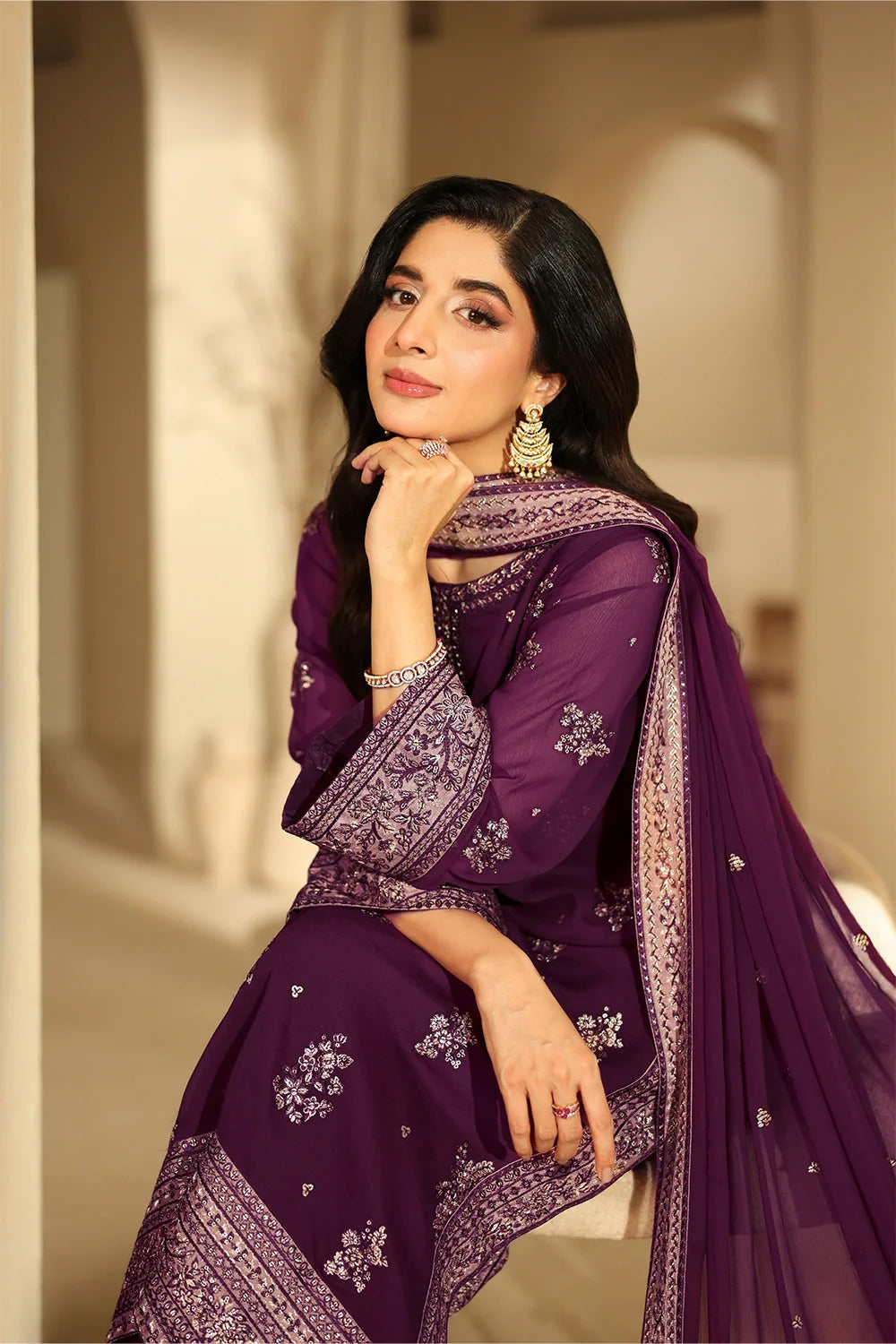 Elegant Burgundy Sequin Embroidered Chiffon Pakistani Party Dress