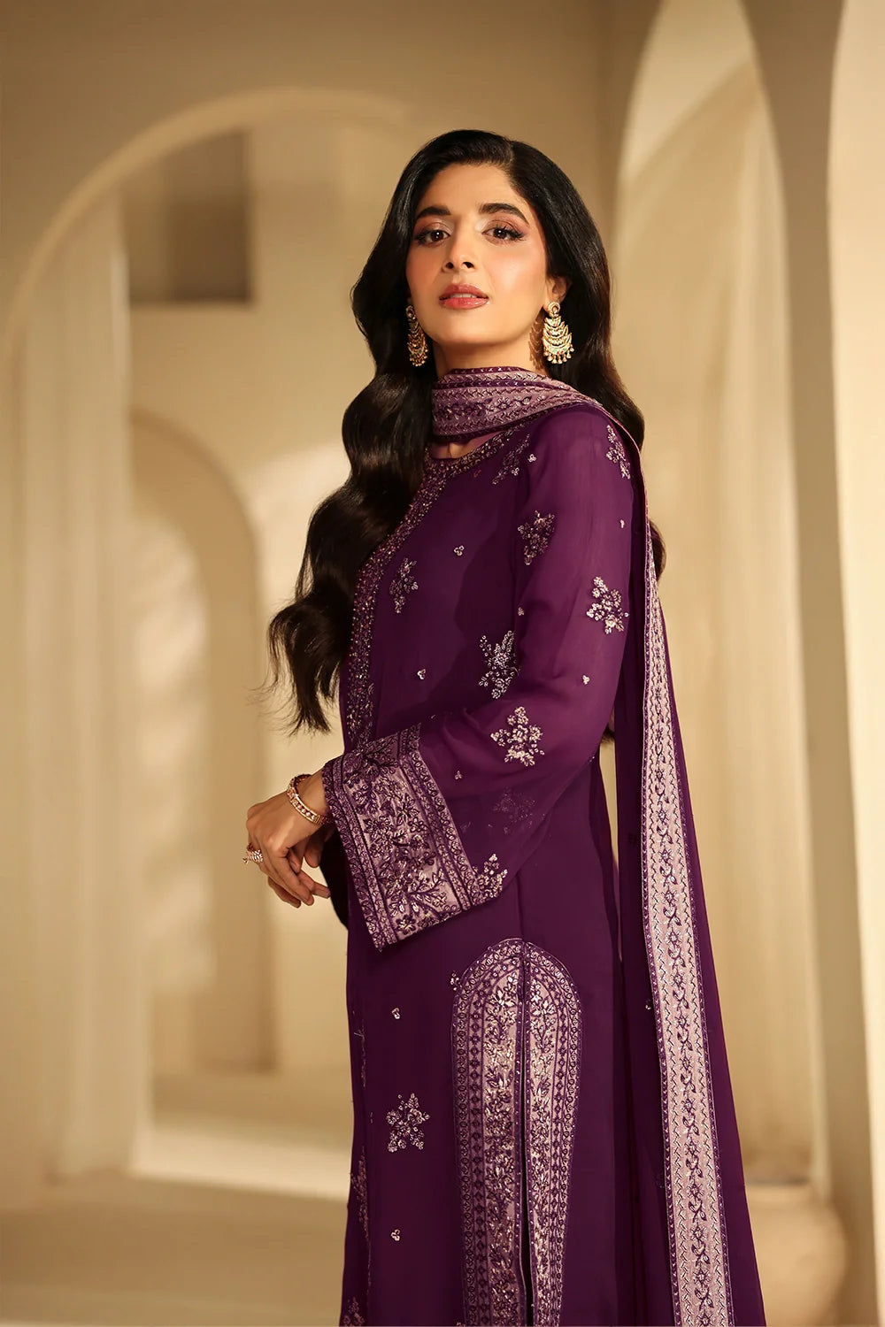 Elegant Burgundy Sequin Embroidered Chiffon Pakistani Party Dress