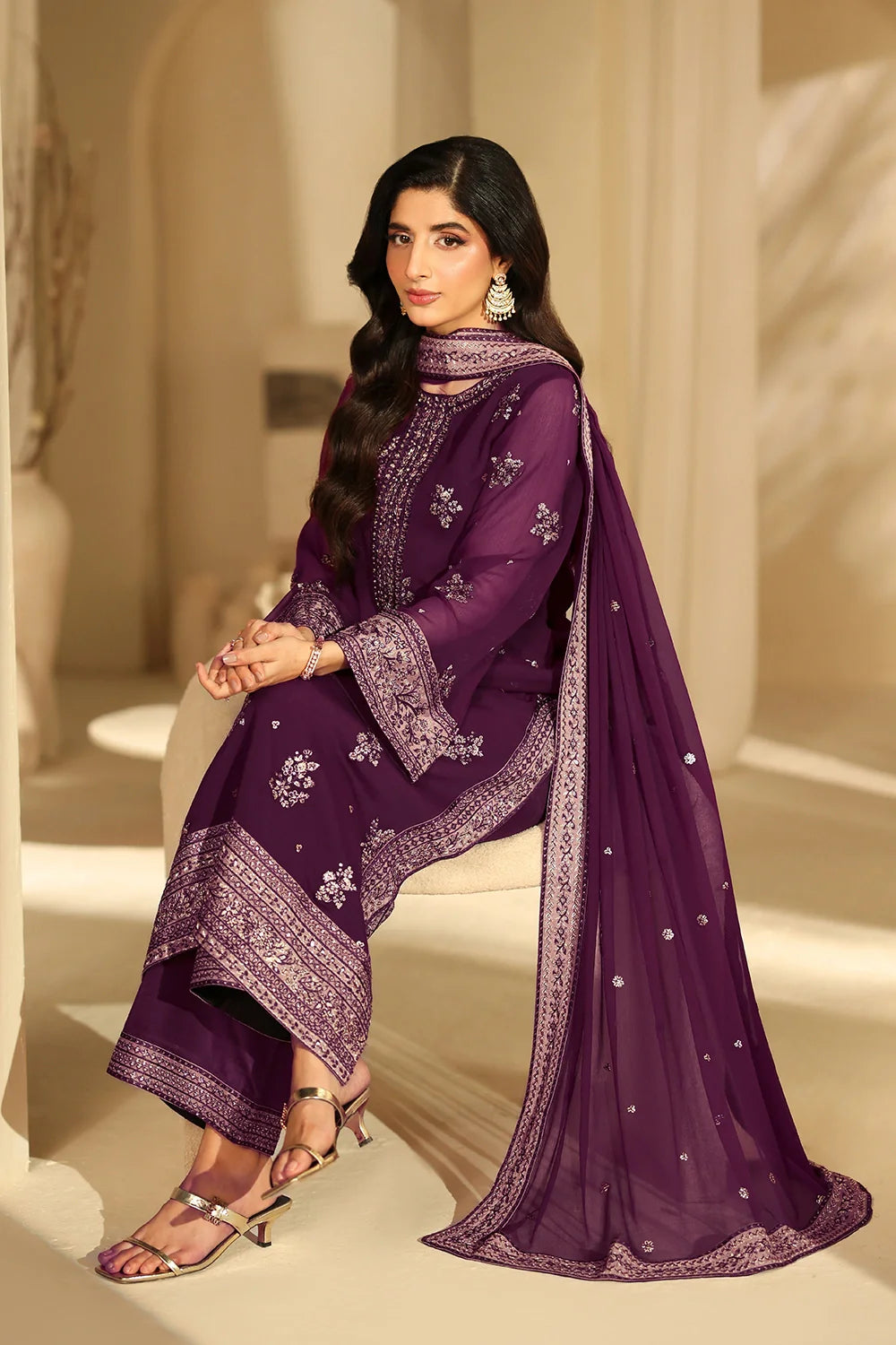 Elegant Burgundy Sequin Embroidered Chiffon Pakistani Party Dress