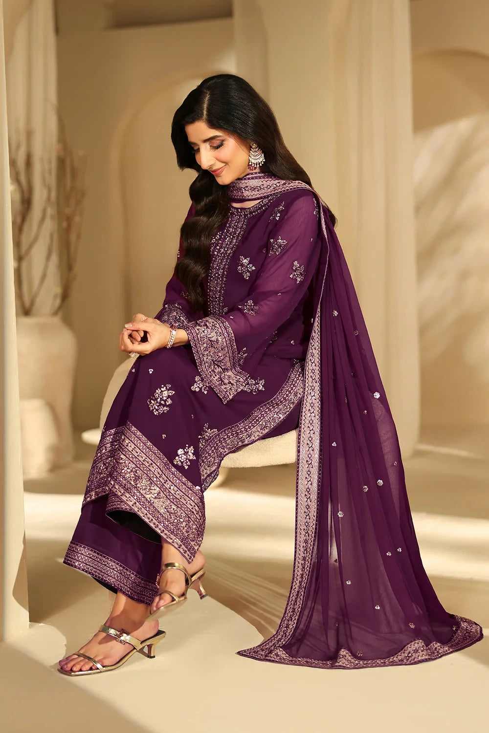 Elegant Burgundy Sequin Embroidered Chiffon Pakistani Party Dress