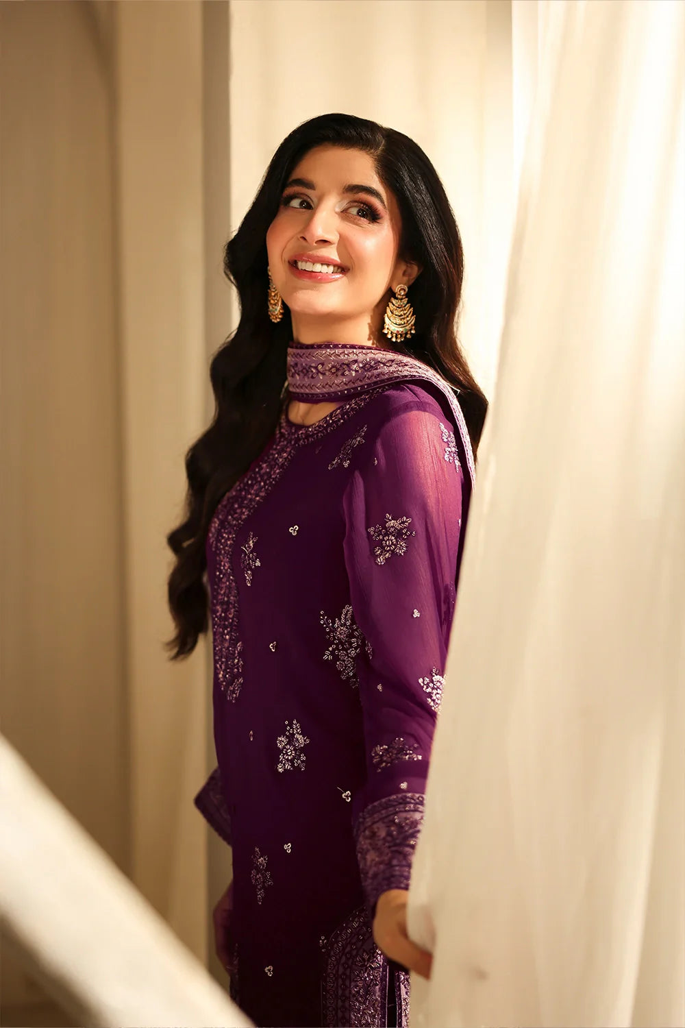 Elegant Burgundy Sequin Embroidered Chiffon Pakistani Party Dress