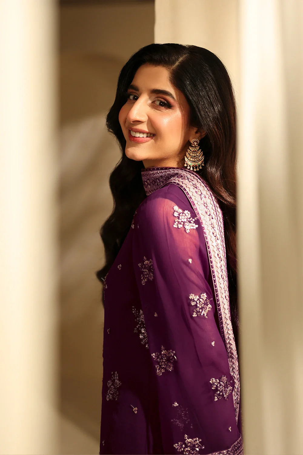 Elegant Burgundy Sequin Embroidered Chiffon Pakistani Party Dress
