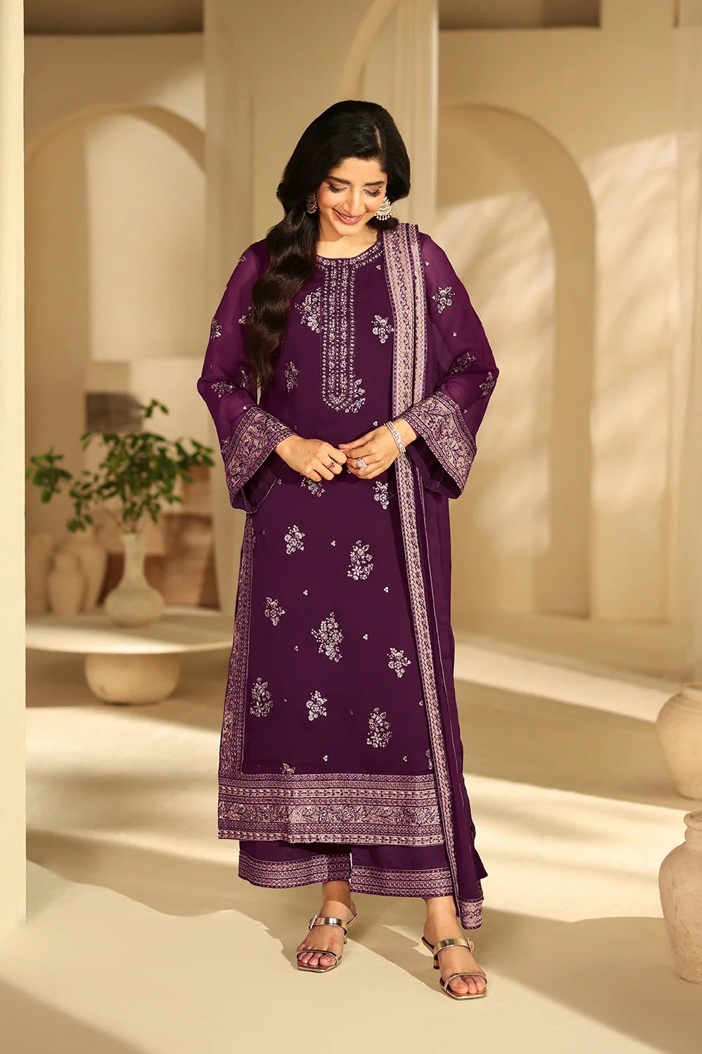 Elegant Burgundy Sequin Embroidered Chiffon Pakistani Party Dress