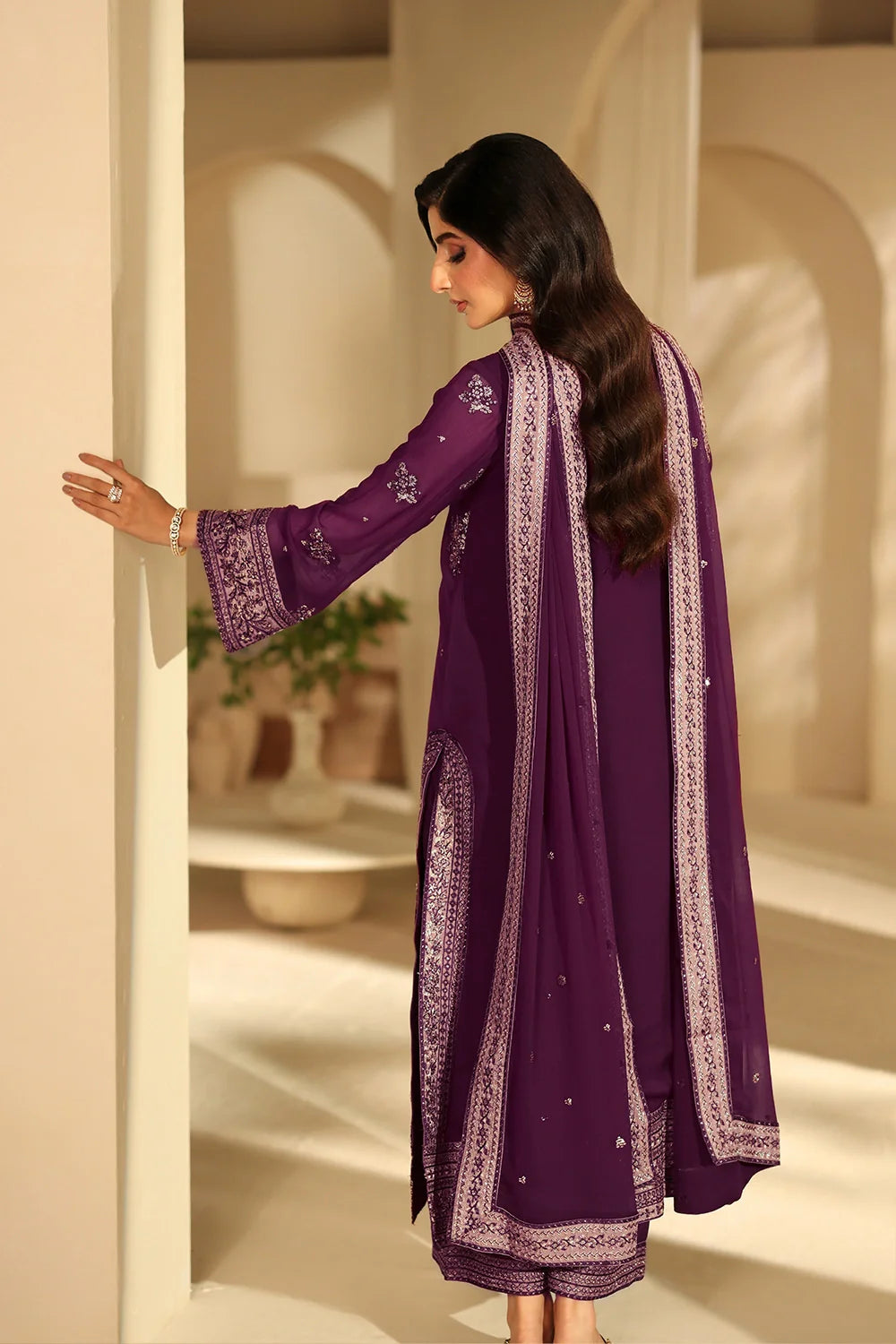 Elegant Burgundy Sequin Embroidered Chiffon Pakistani Party Dress