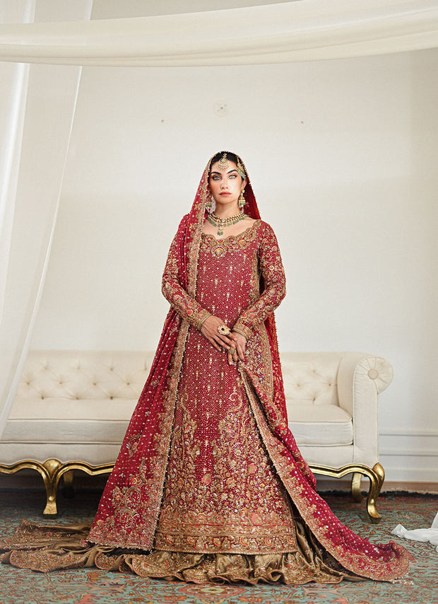 Burgundy Pakistani Bridal Dress in Lehenga Kameez 