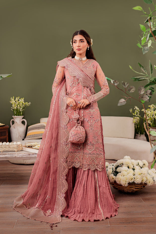 Buy Baby Pink Embroidered Pakistani Wedding Dress in Crushed Sharara Style 2023