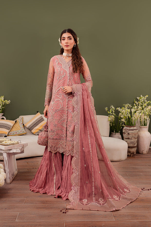 Buy Baby Pink Embroidered Pakistani Wedding Dress in Crushed Sharara Style