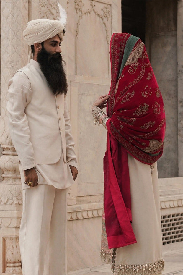 Buy Beige Heavily Embellished Pakistani Kameez Salwar Suit Red Dupatta