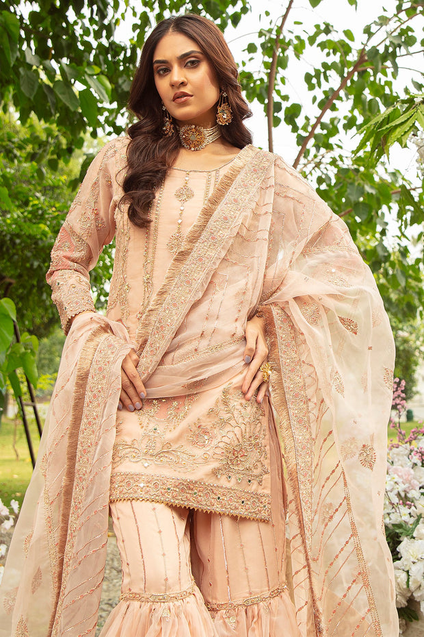 Buy Beige Peach Heavily Embellished Kameez Sharara Pakistani Wedding Dress 2023