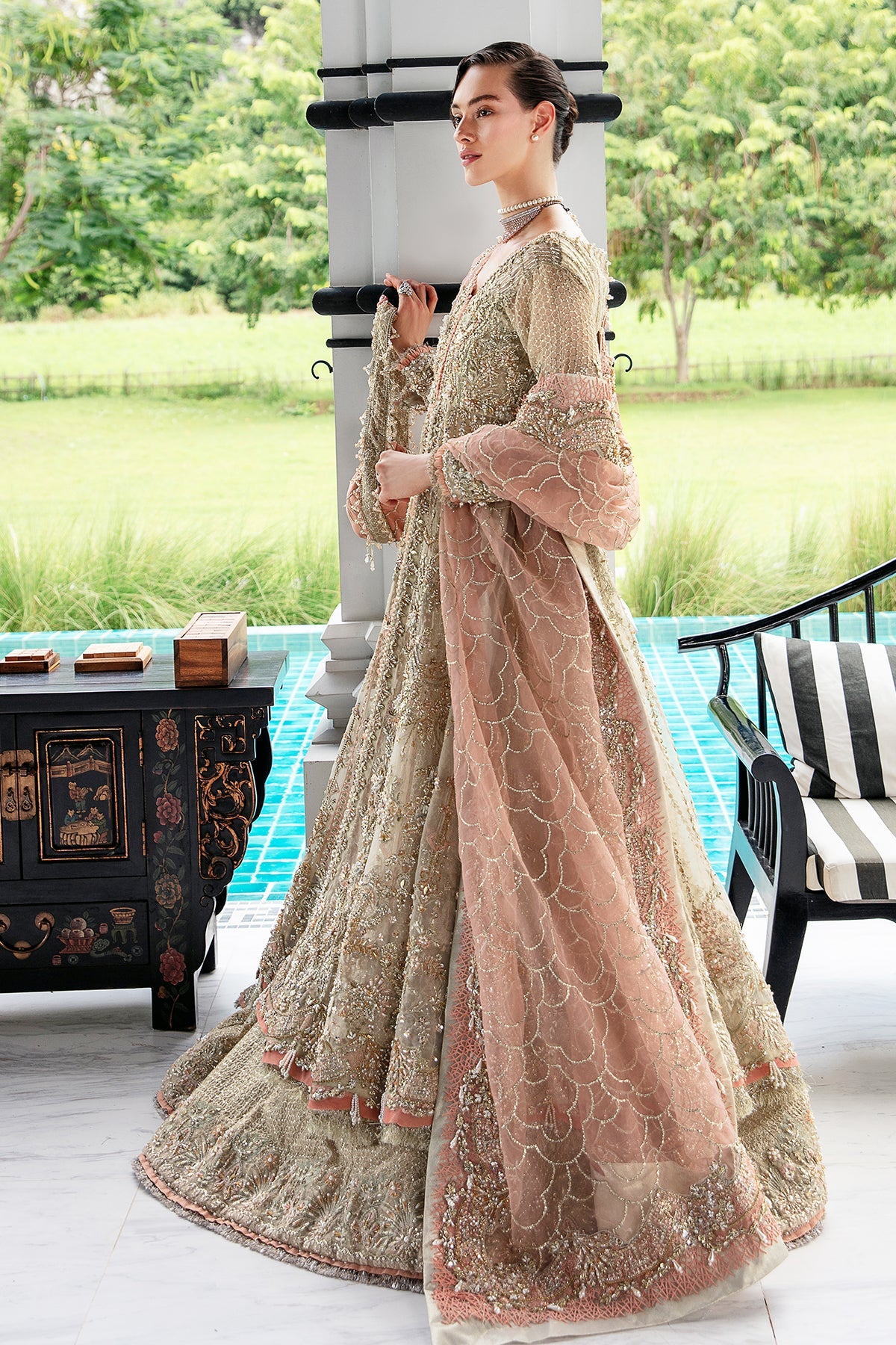 Beige Pakistani Wedding Dress in Pishwas Lehenga Style – Nameera by Farooq