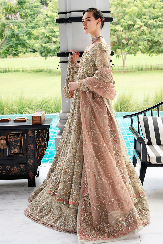 Buy Beige Peach Luxury Pakistani Wedding Dress in Pishwas Lehenga Style