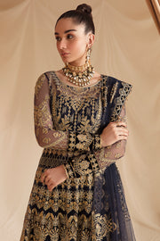 Buy Berry Blue Embroidered Pakistani Wedding Dress in Kalidar Pishwas Style