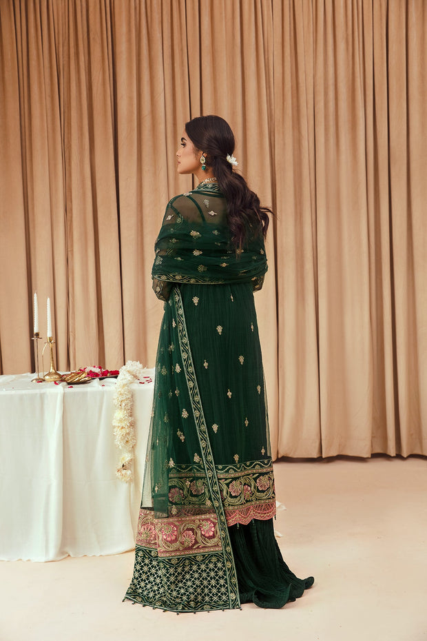 Buy Bottle Green Embroidered Open Gown Style Pakistani Wedding Dress