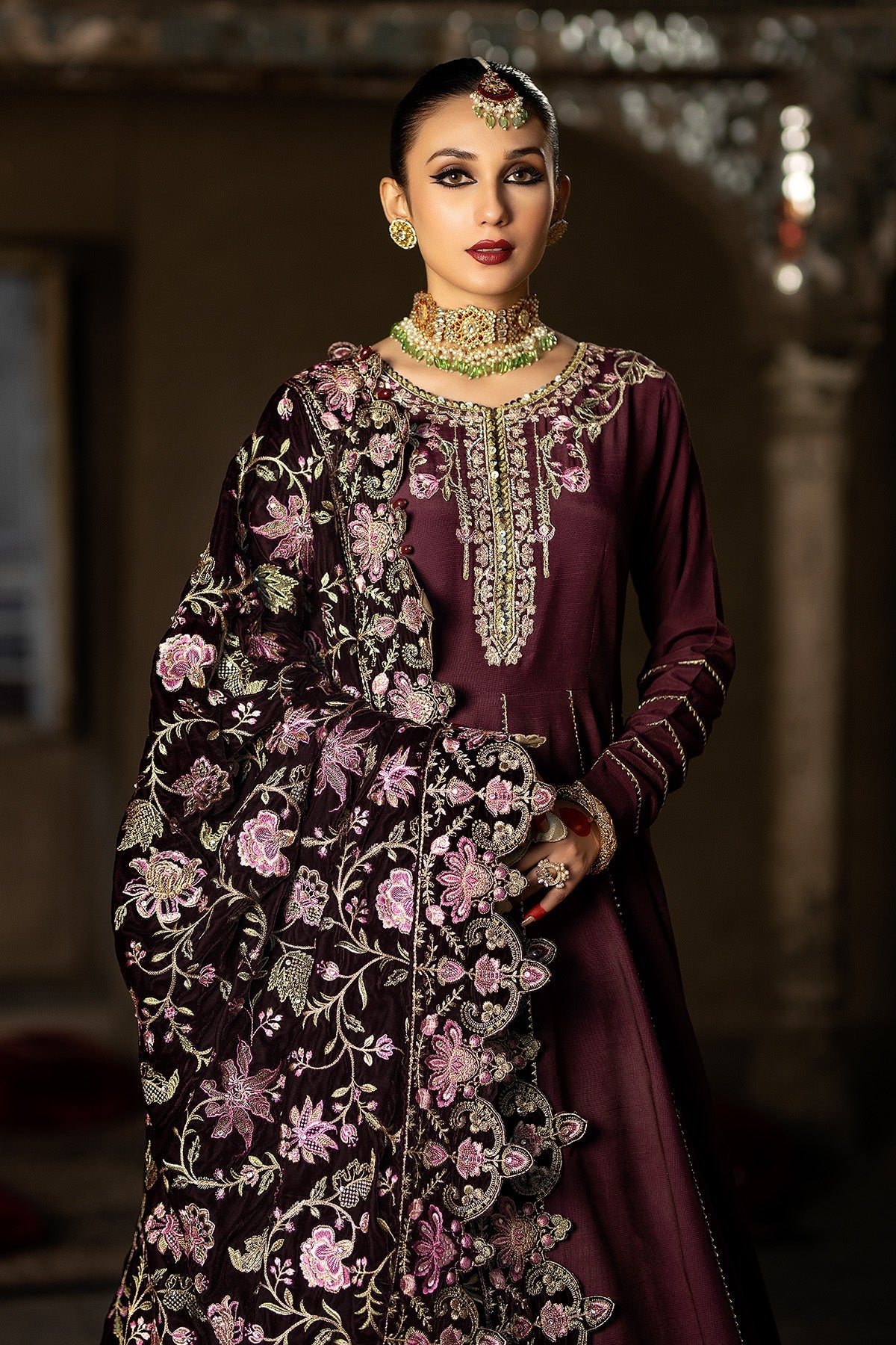Burgundy Shade Pakistani Wedding Dress Pishwas Frock – Nameera by Farooq