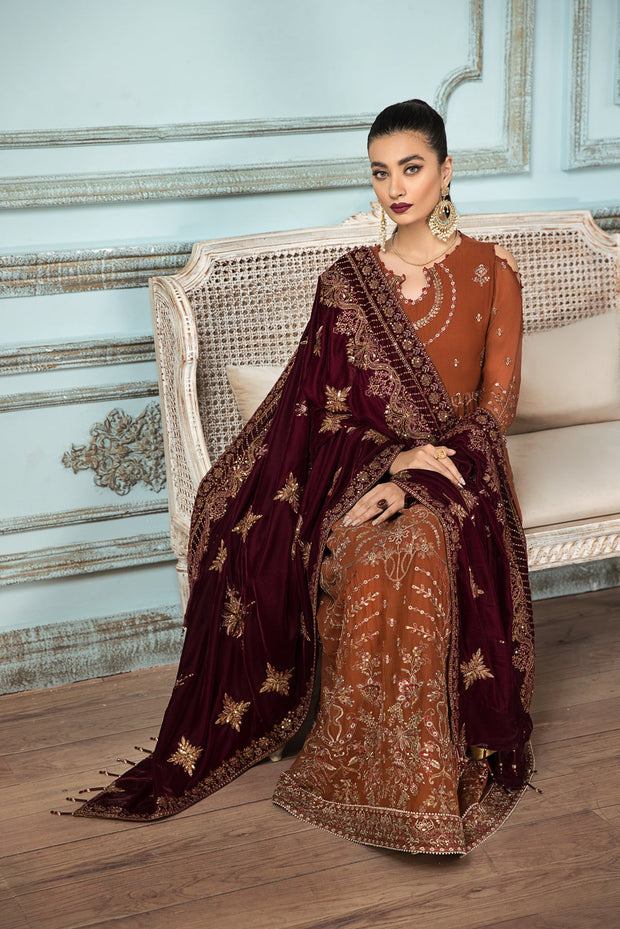 Buy Caramel Brown Embroidered Pakistani Long Frock Dupatta Party wear 2023
