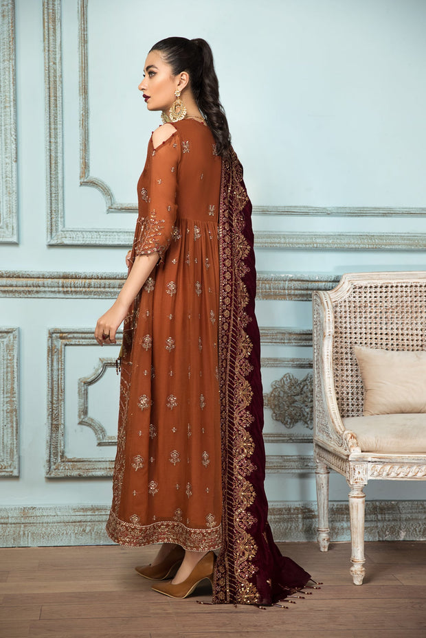 Buy Caramel Brown Embroidered Pakistani Long Frock Dupatta Party wear