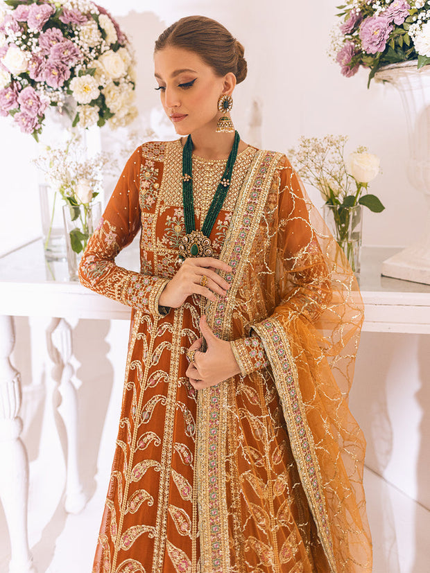 Buy Caramel Heavily Embellished Pakistani Wedding Dress Pishwas Frock